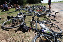 Bikes stacked for lunch. 